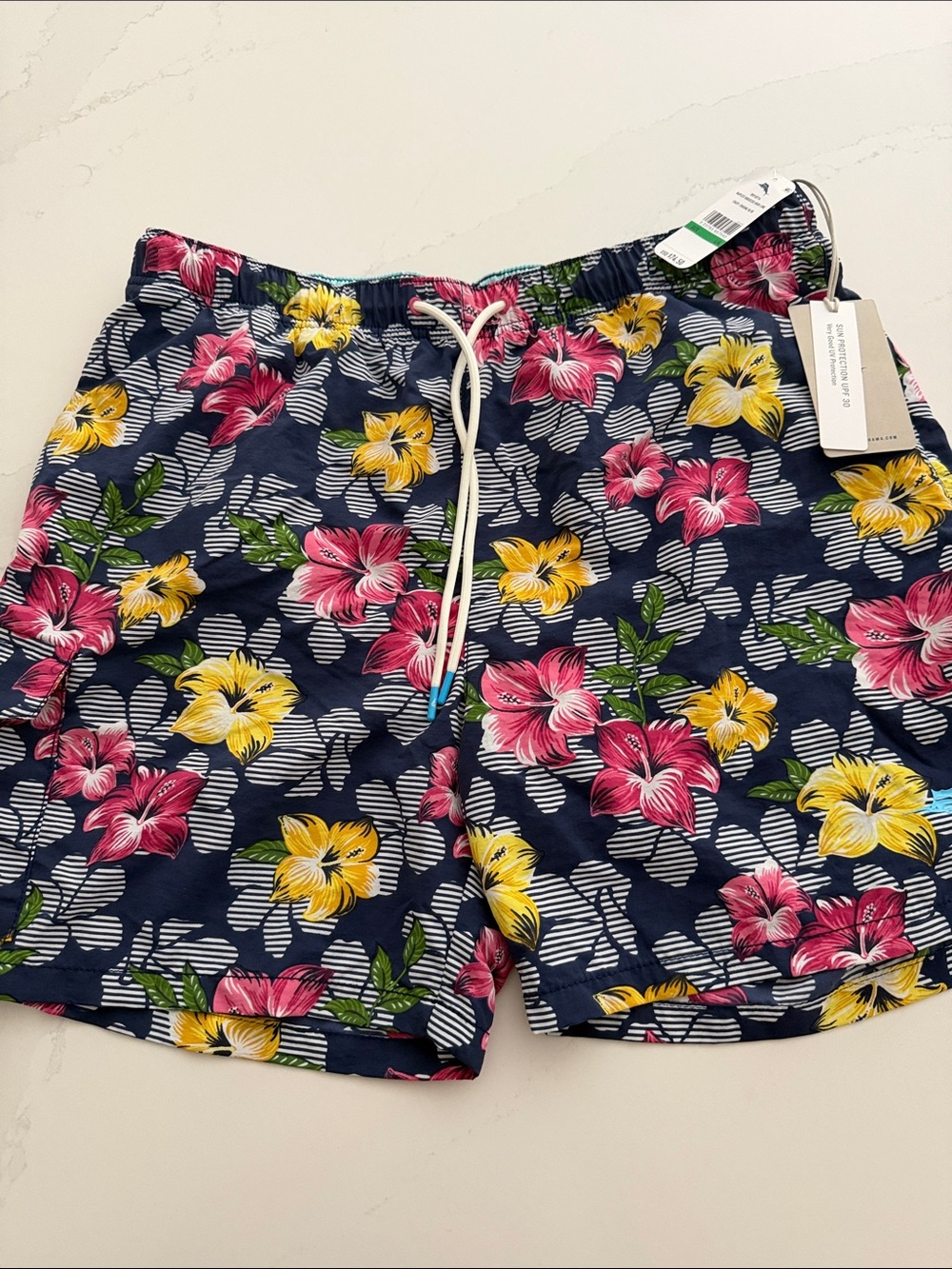 NWT Tommy Bahama Men's Floral Swim Trunks - Navy with Pink & Yellow Flowers - L
